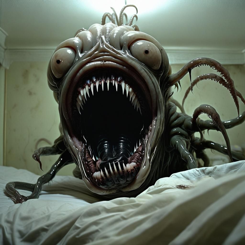 Grotesque Eldritch Horror Under Bed in Giger Style