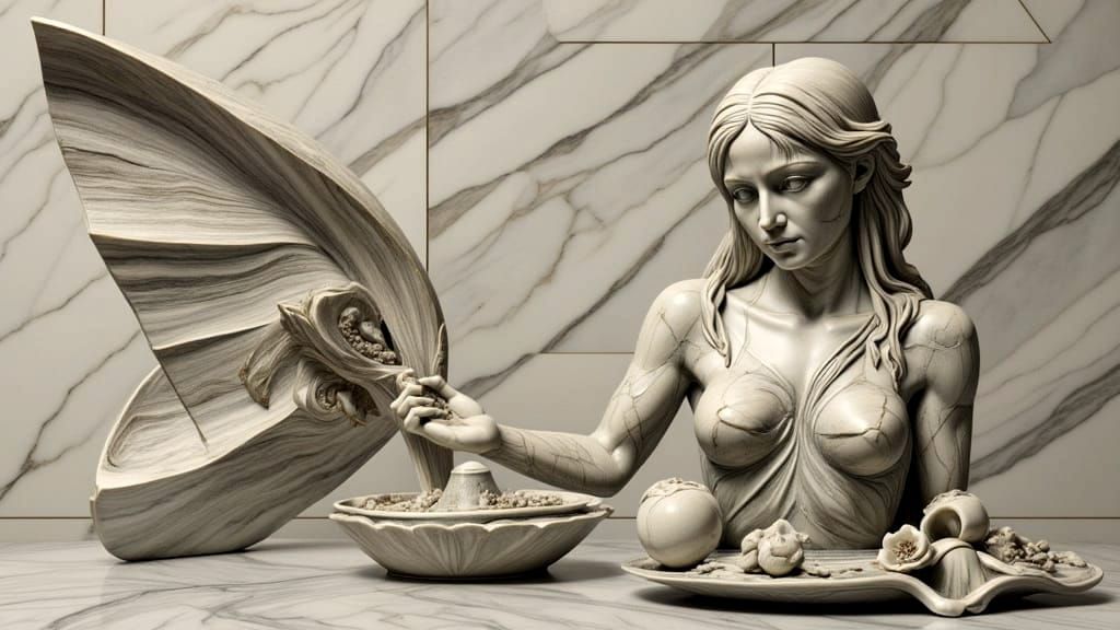 Surreal Marble Goddess in Dark Surrealist Sculpture