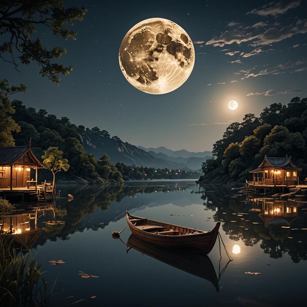 Wooden Boat on River Under Full Moon