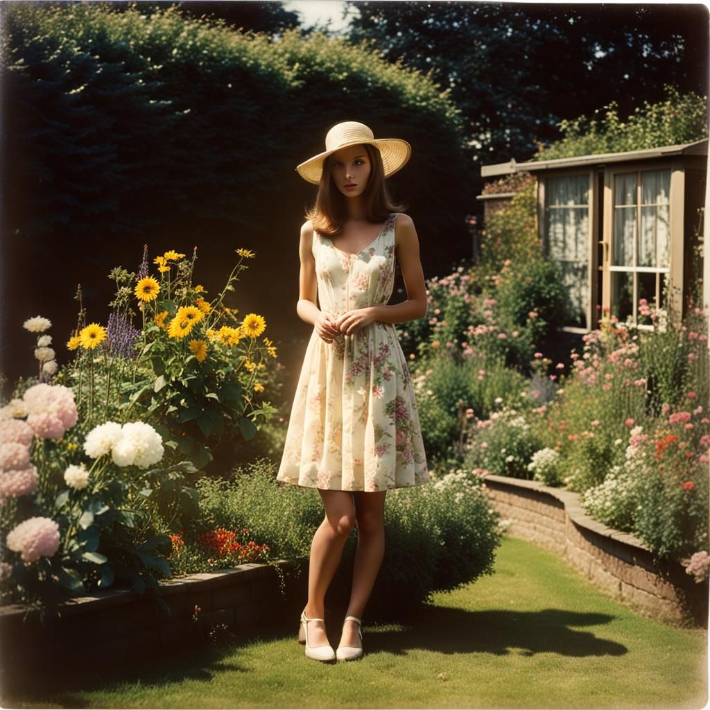Woman in Garden: 1980s Polaroid Photograph
