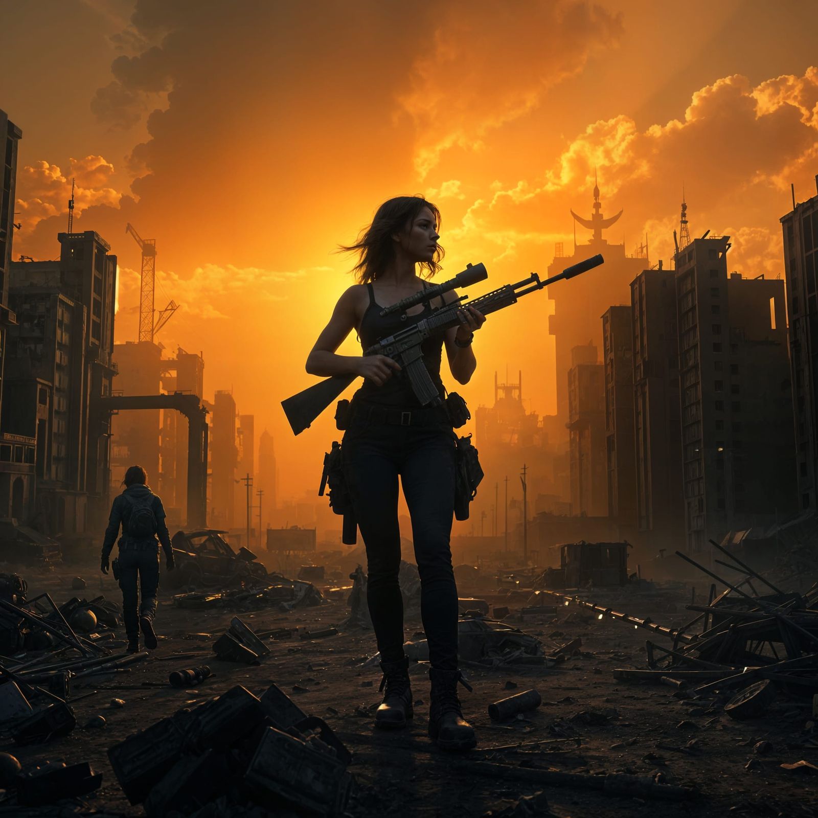 Woman in Post-Apocalyptic Ruins at Sunset