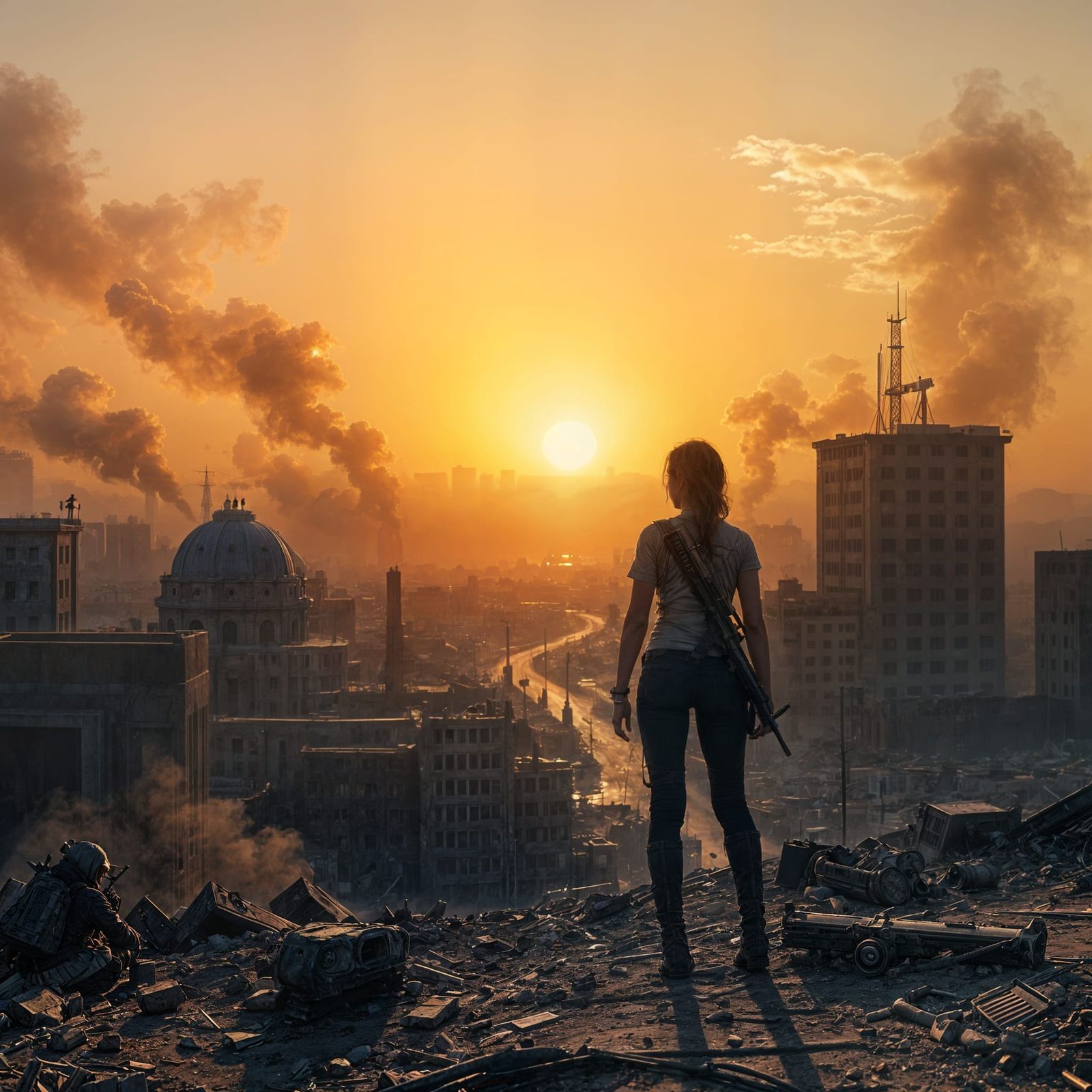 Surreal Post-Apocalyptic Cityscape with Lone Figure