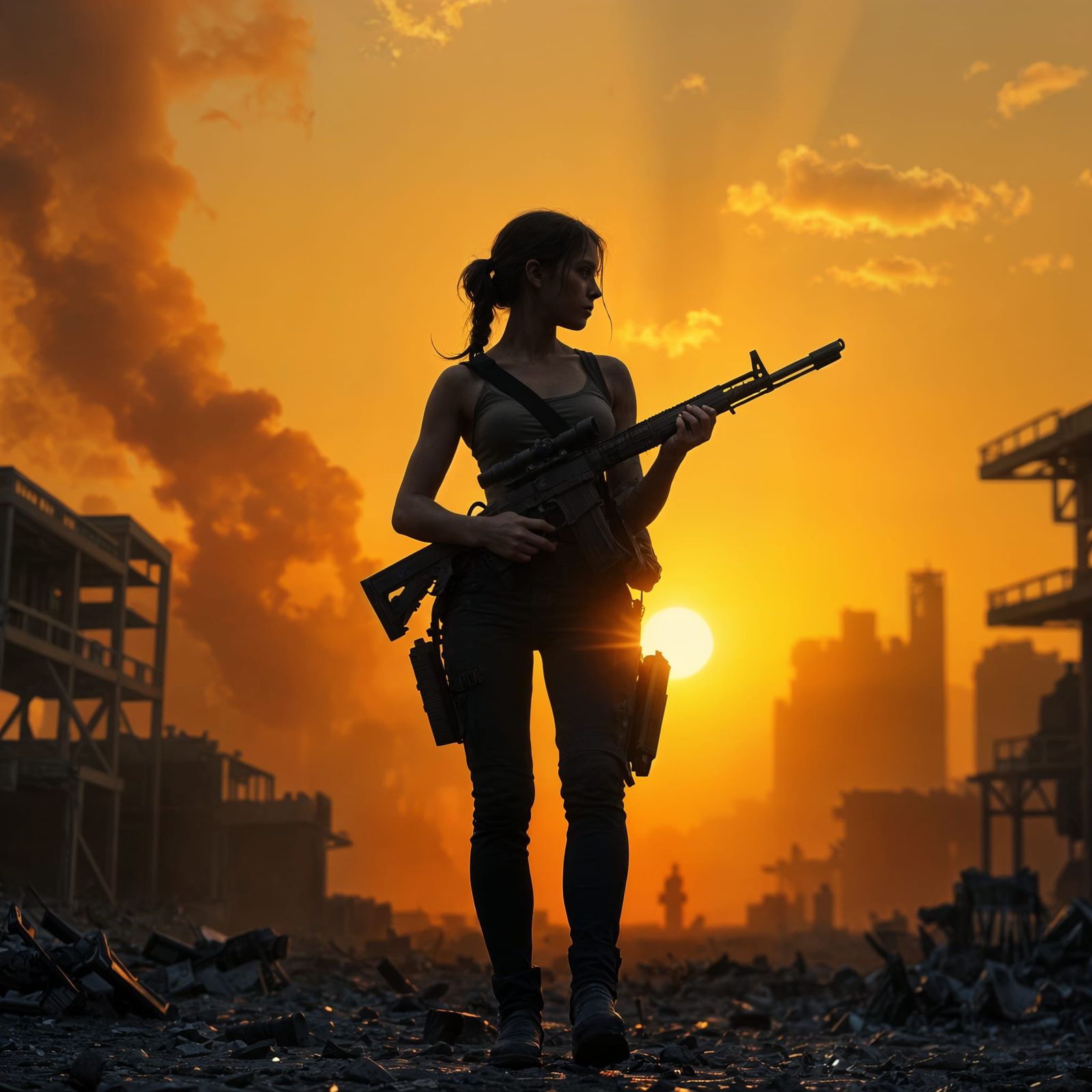Lone Survivor Silhouetted Against Post-Apocalyptic Sunset