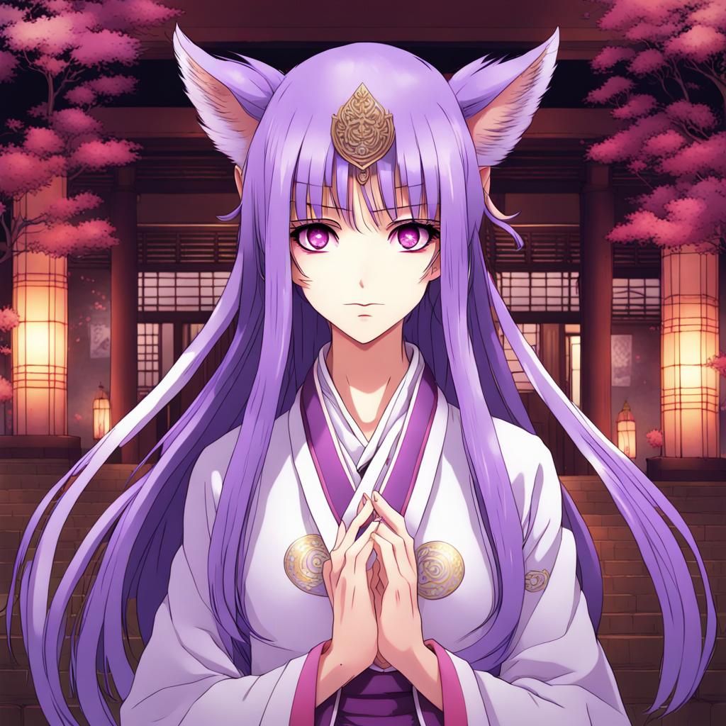 Anime Priestess with Fox Ears and Purple Hair