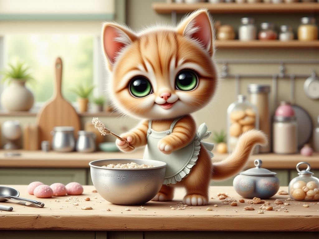 Whimsical Kitten Baker in a Cozy Kitchen Scene
