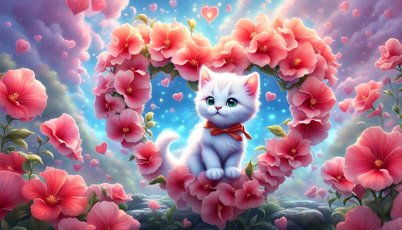 shiny heart in japanese hisbiscus,fluffy happy chibi kittens,shiny white round Playful. Cute. Fluffy ethereal fantasy hy...