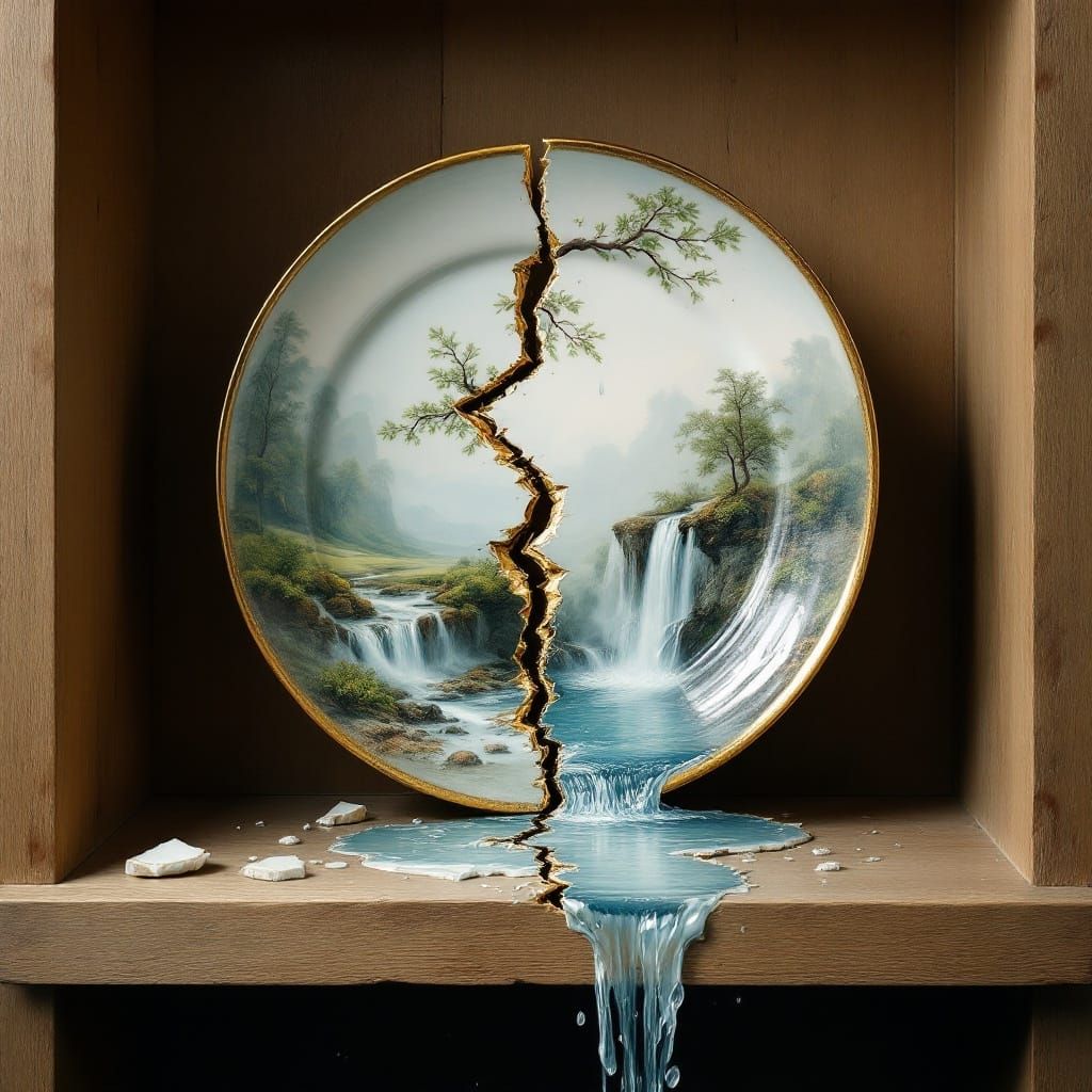 Surreal Waterfall Scene Spills from Antique Porcelain Plate