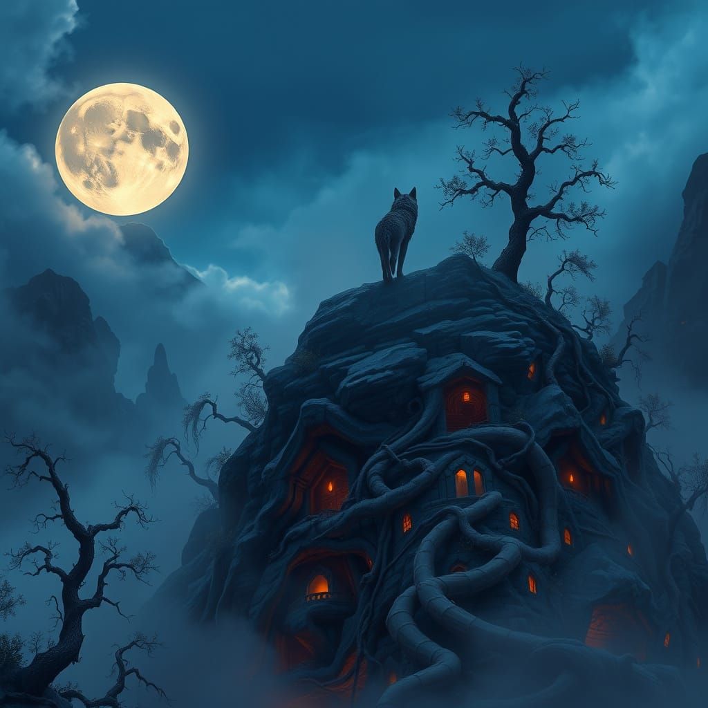 Wolf on a Misty Hill under a Full Moonlit Sky