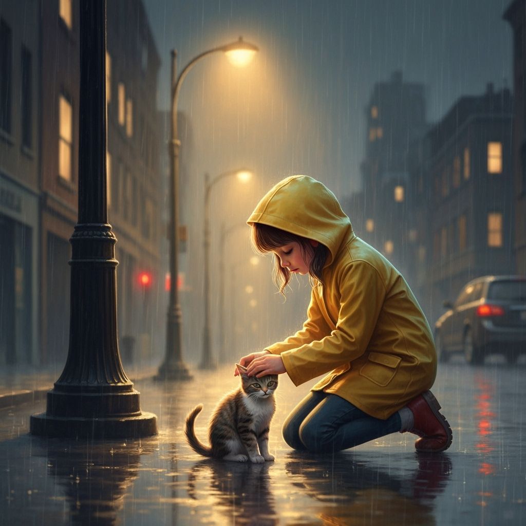Girl Shields Cat in Rainy Night Cityscape