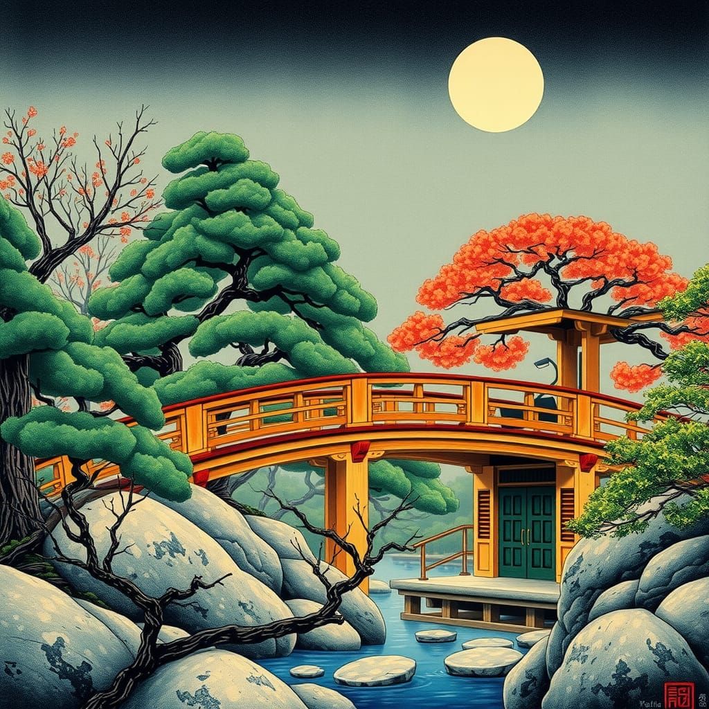 Zen Garden with Bonsai in Japanese Style