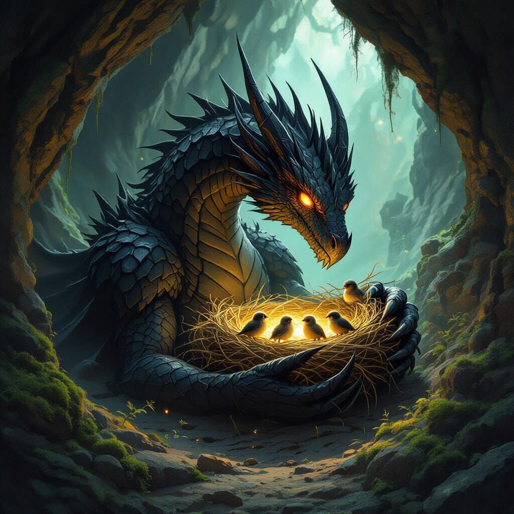 Shadowy Dragon Cradles Birds in Bioluminescent Cave