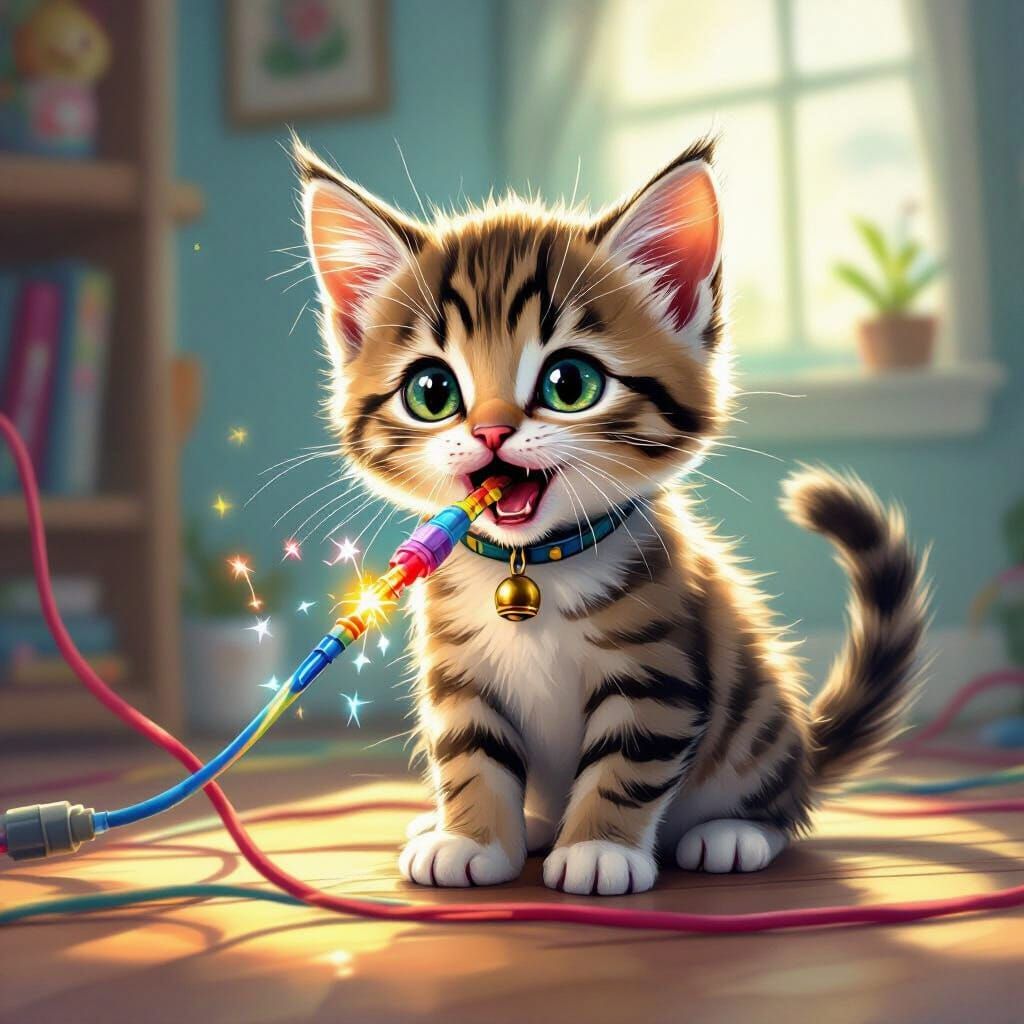 Shocked Kitten Bites Colorful Cable in Whimsical Style