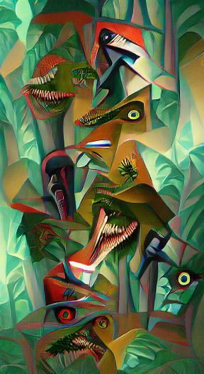 Surreal Dinosaur Raptor in Tropical Horror Jungle