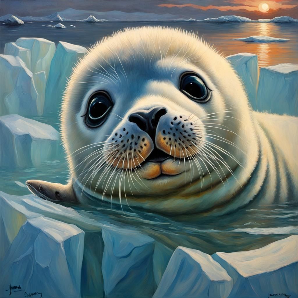 Baby Seal's Sunset Feast: An Oil Painting