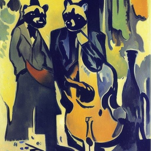 Raccoon with Blue Notes in Cubist-Impressionist Style