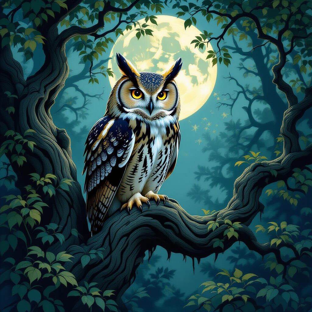 Majestic Owl in Moonlit Forest, Fantasy Art Nouveau