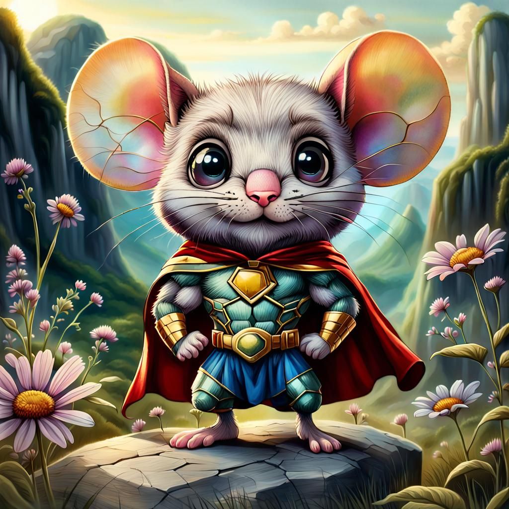 Chibi Superhero Mouse Portrait in Art Brut Style