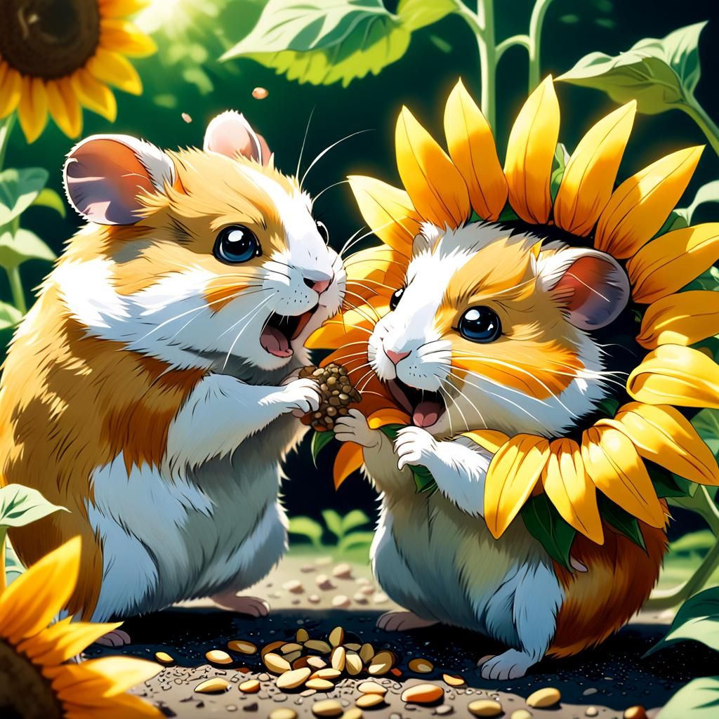 Anime Hamsters Fight Over Seed, Ghibli Style