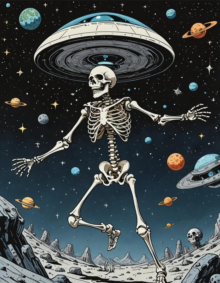 Skeleton in Space with Flying Saucer: Comic Book Style