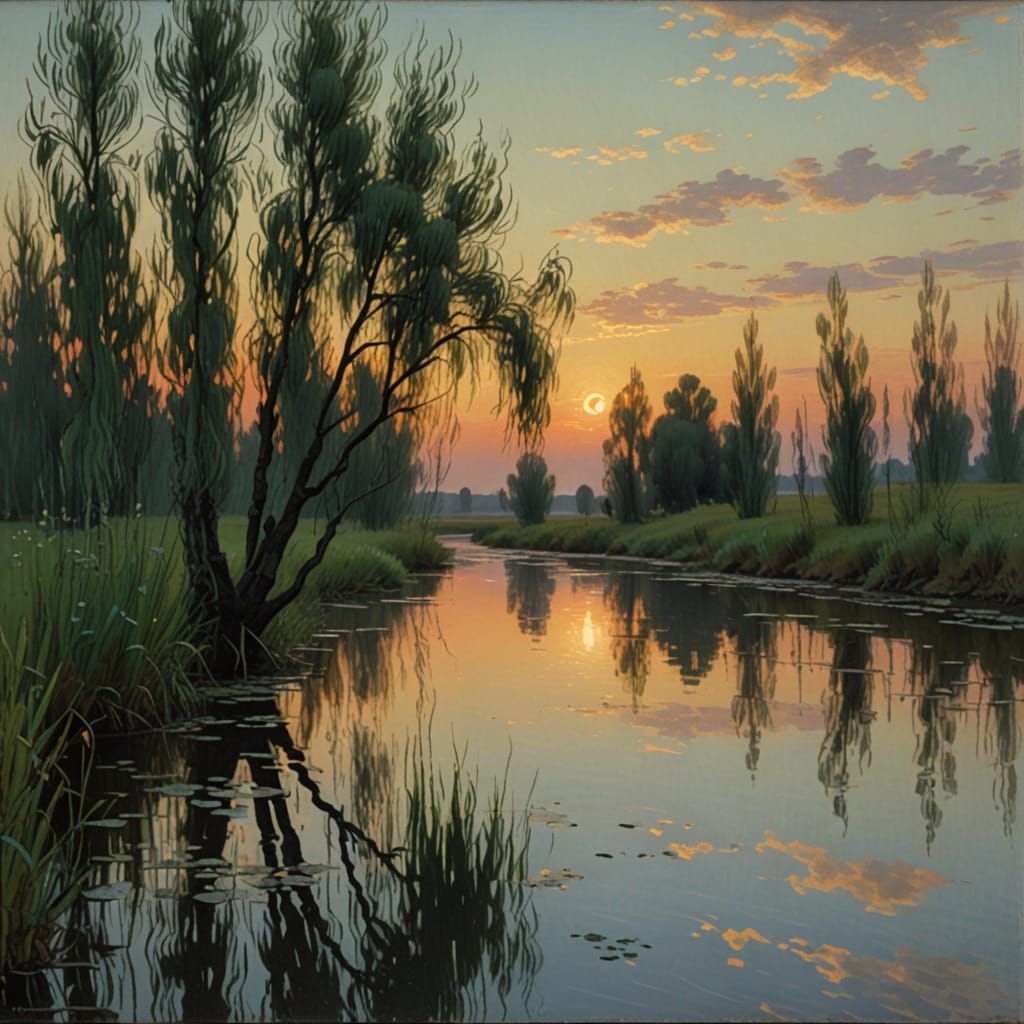 Melancholic Sunset River with Mermaids in Symbolist Style