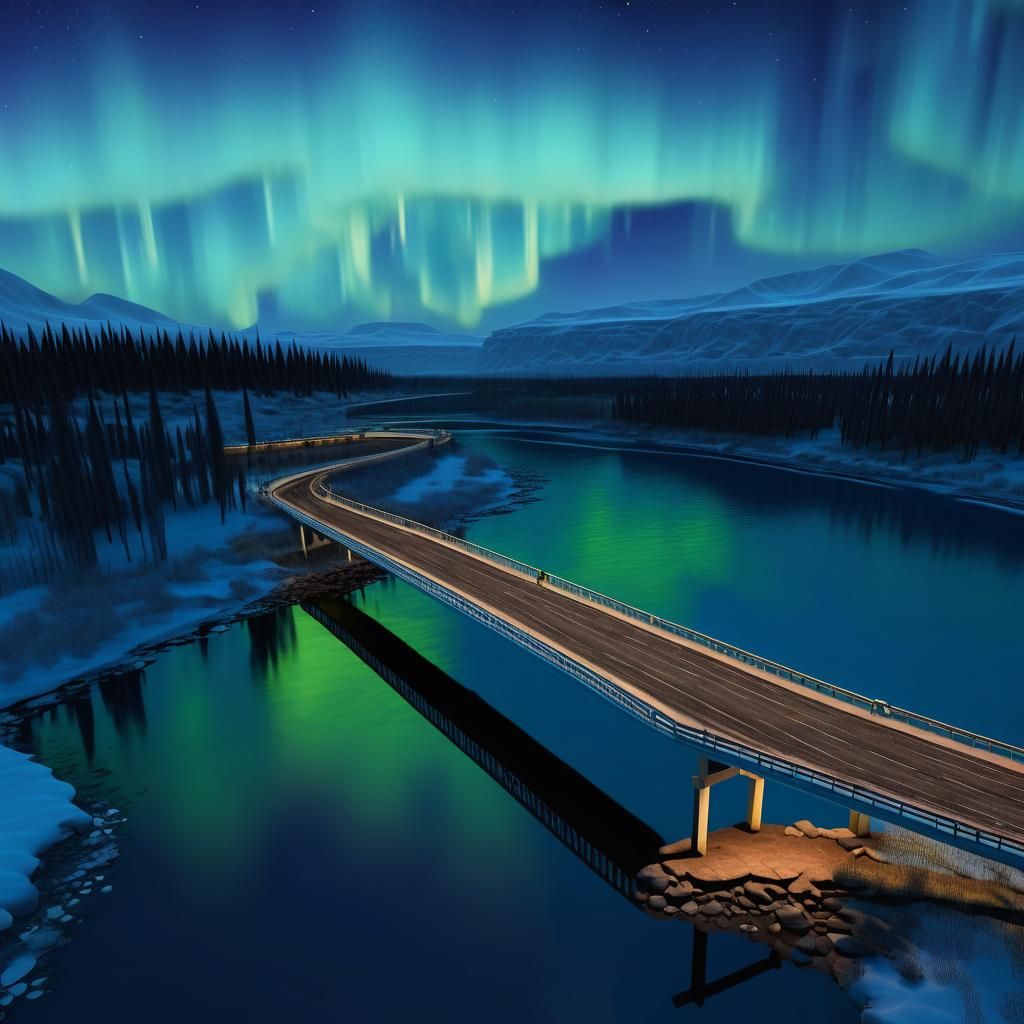 Hyperrealistic Bridge at Night with Aurora Borealis