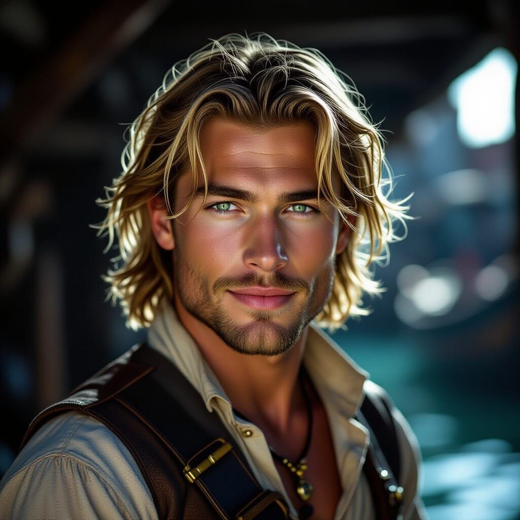 Handsome Man in Dim Harbor with Ethereal Glow