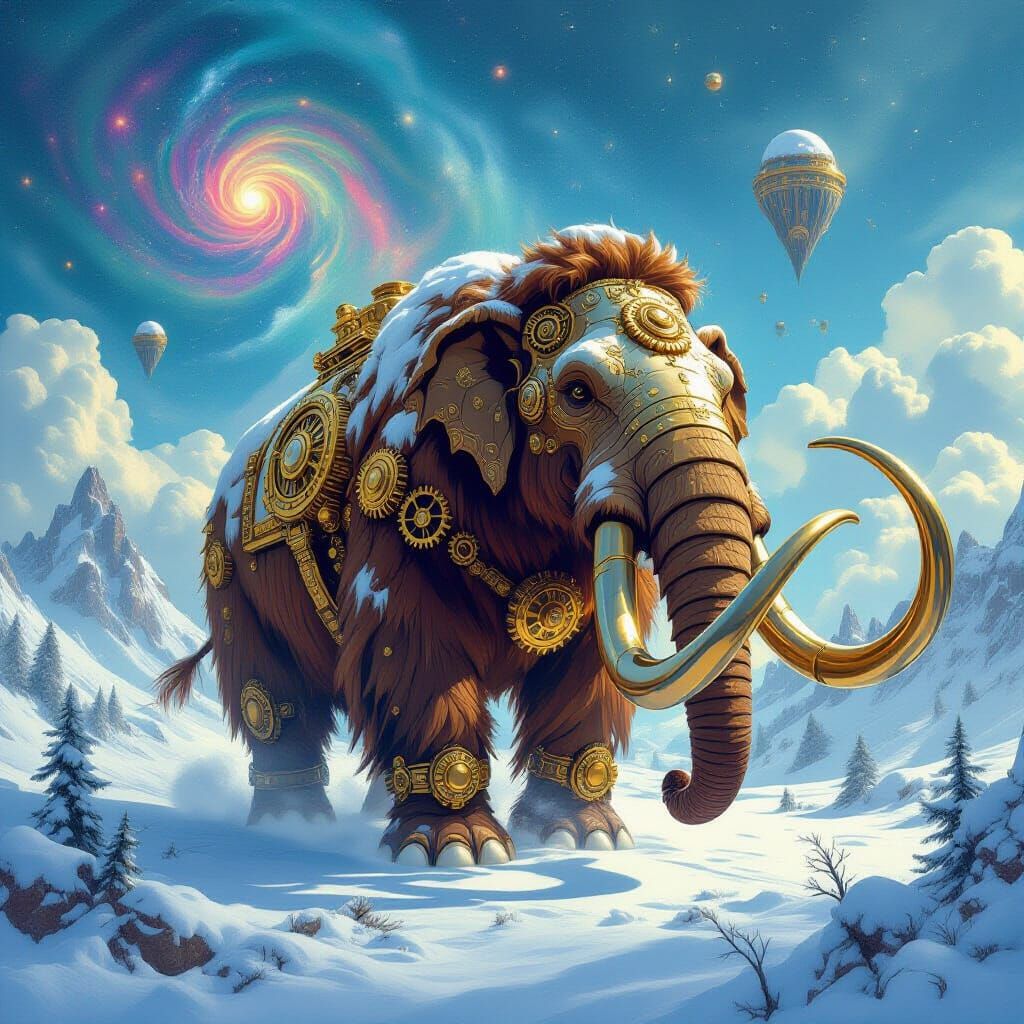 Steampunk Mammoth Roams Snowy Nebula Landscape