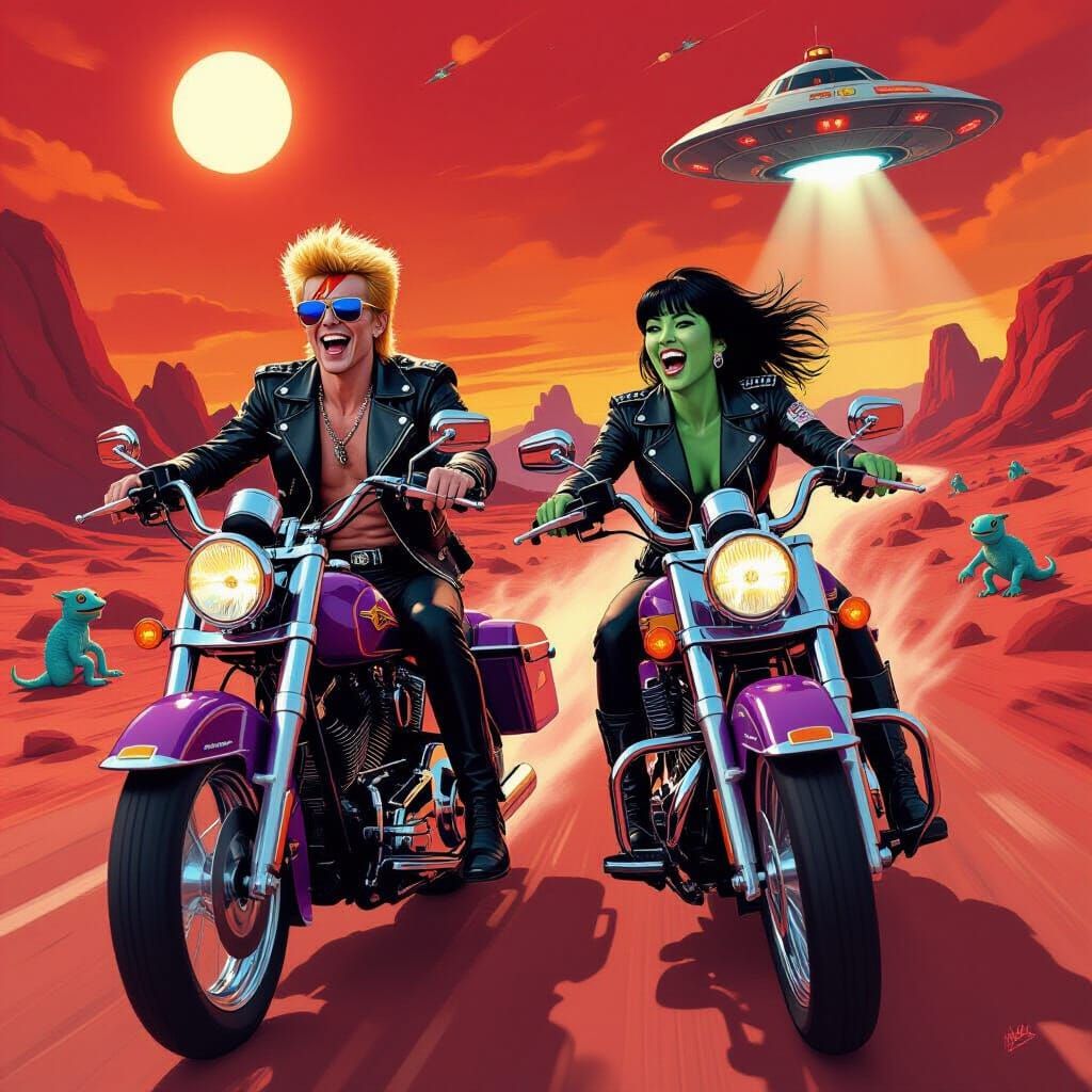 Ziggy Stardust & Companion Ride Harleys on Mars