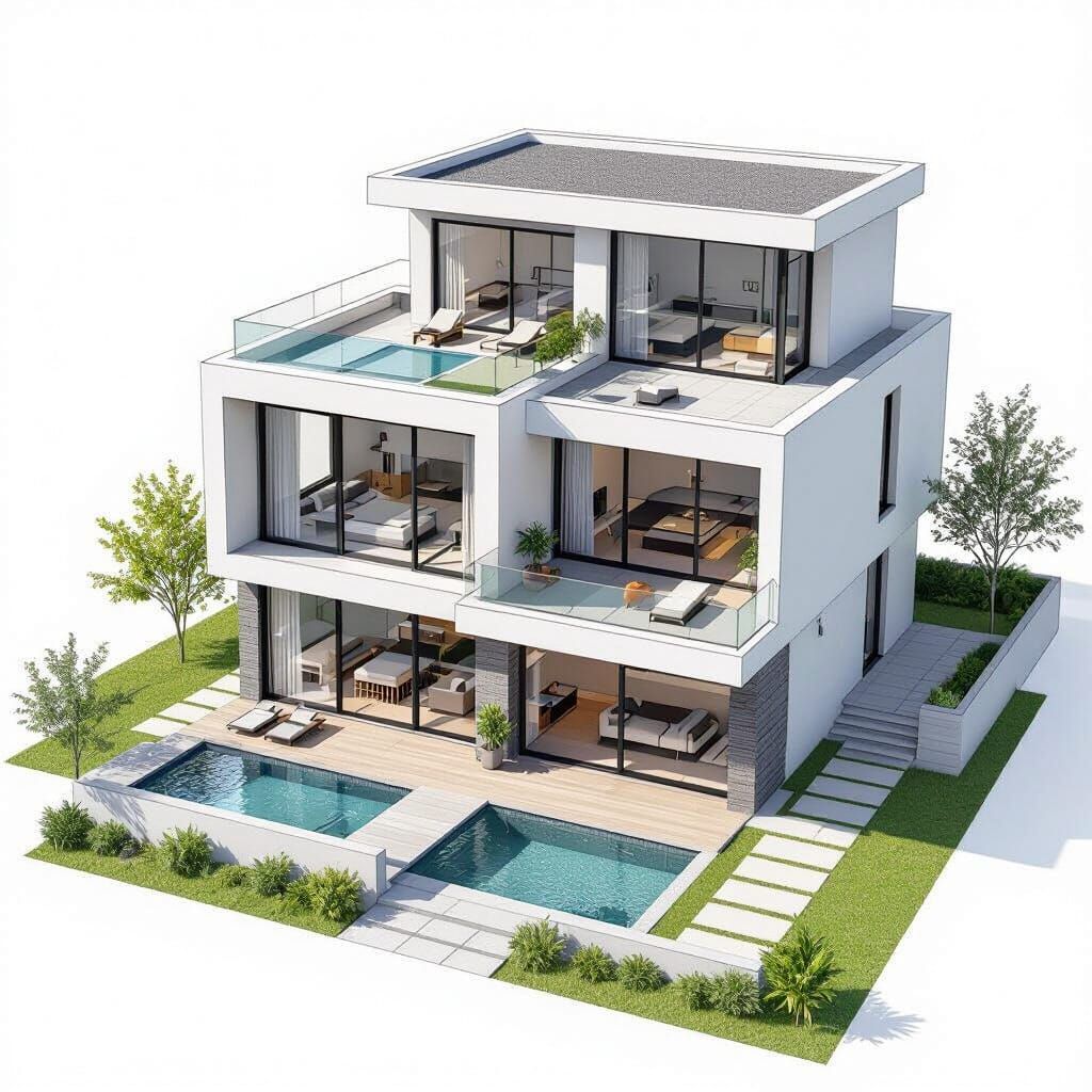 Modern Two-Story House Blueprint with Partial Third Floor