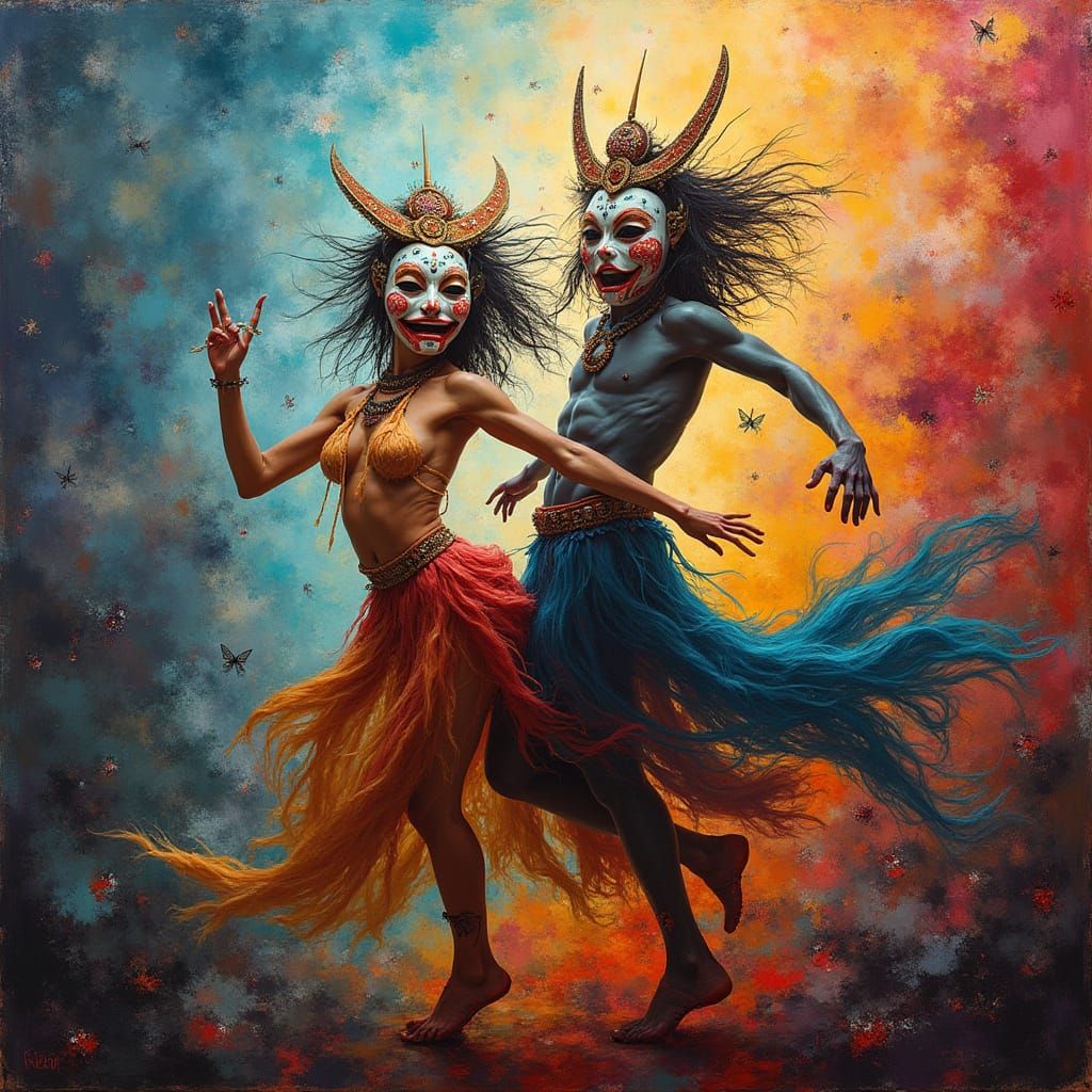 Kabuki Masked Dancers in Surreal Expressionist Style