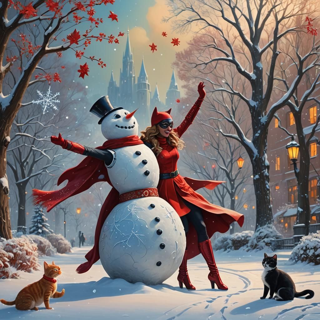 Joyful Snowman Dances with Superhero in Park