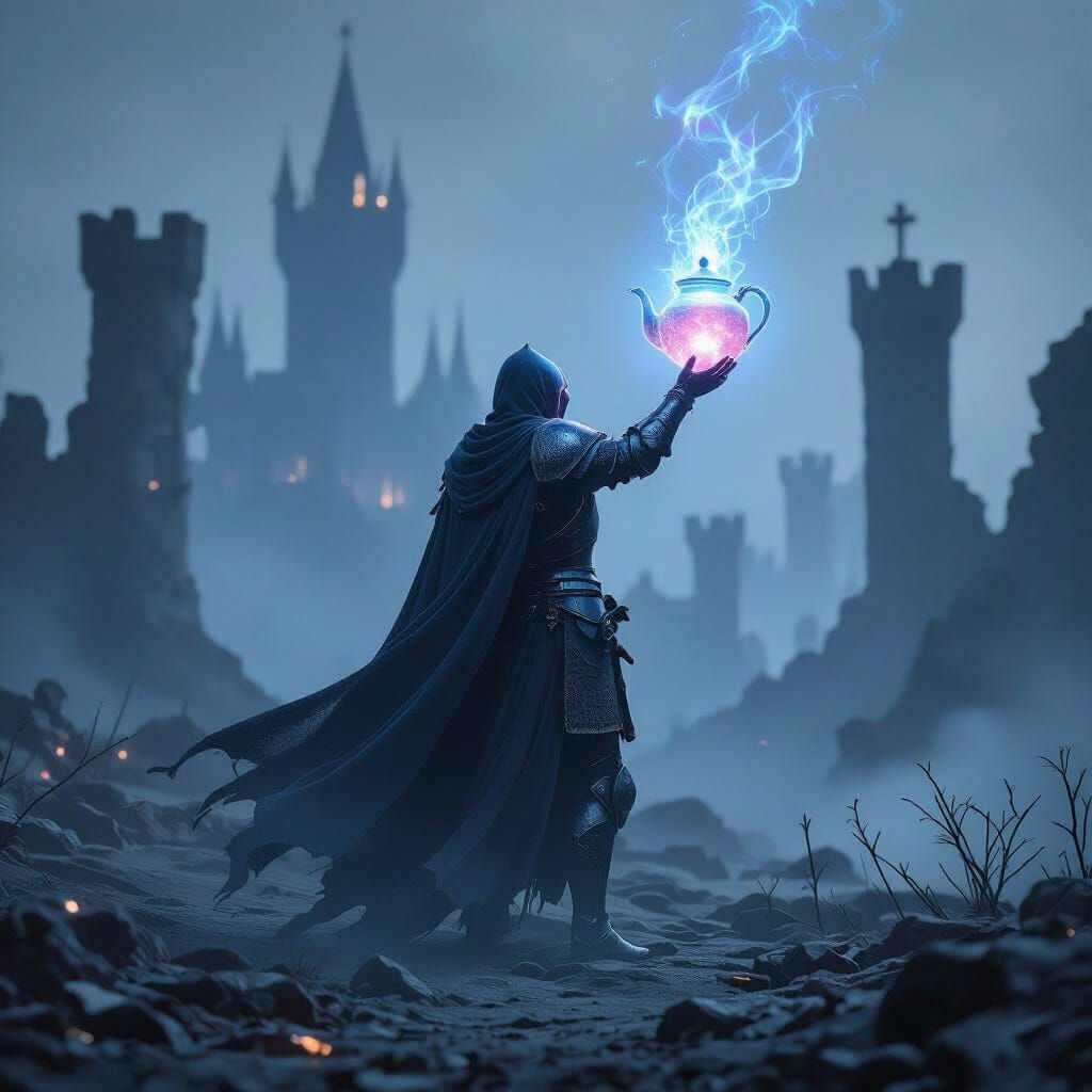 Spectral Knight with Glowing Teapot on Battlefield