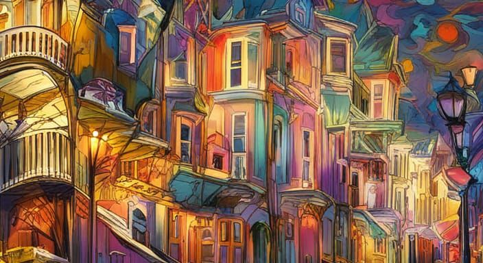 Colorful Victorian Mansions in New Orleans: Abstract Illustr...