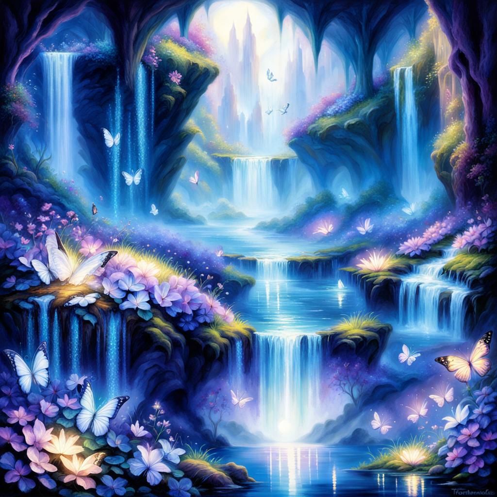 Luminous Cave: Butterflies, Fireflies, and Waterfall