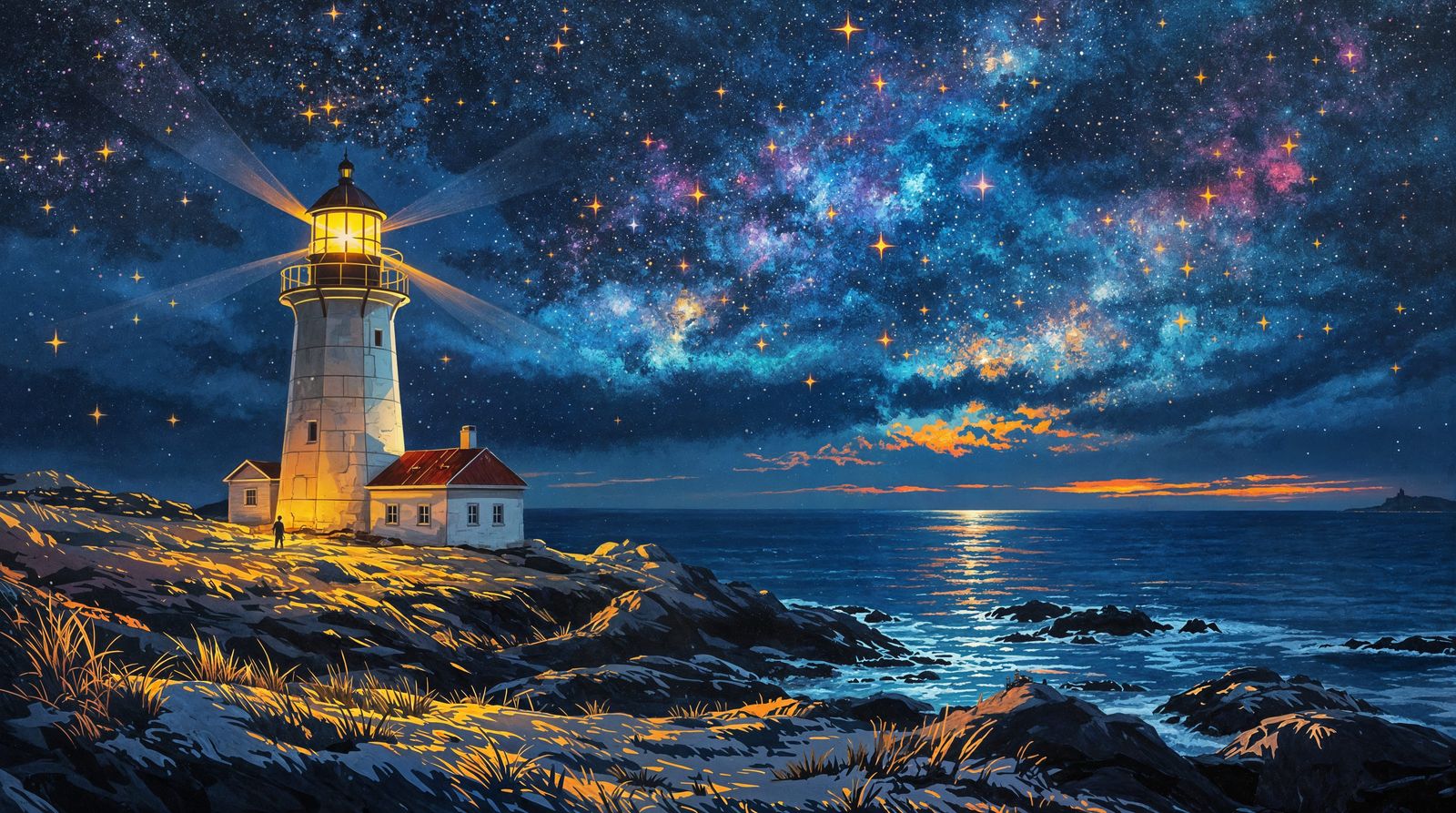 Ethereal Lighthouse Illumination in Impasto Style