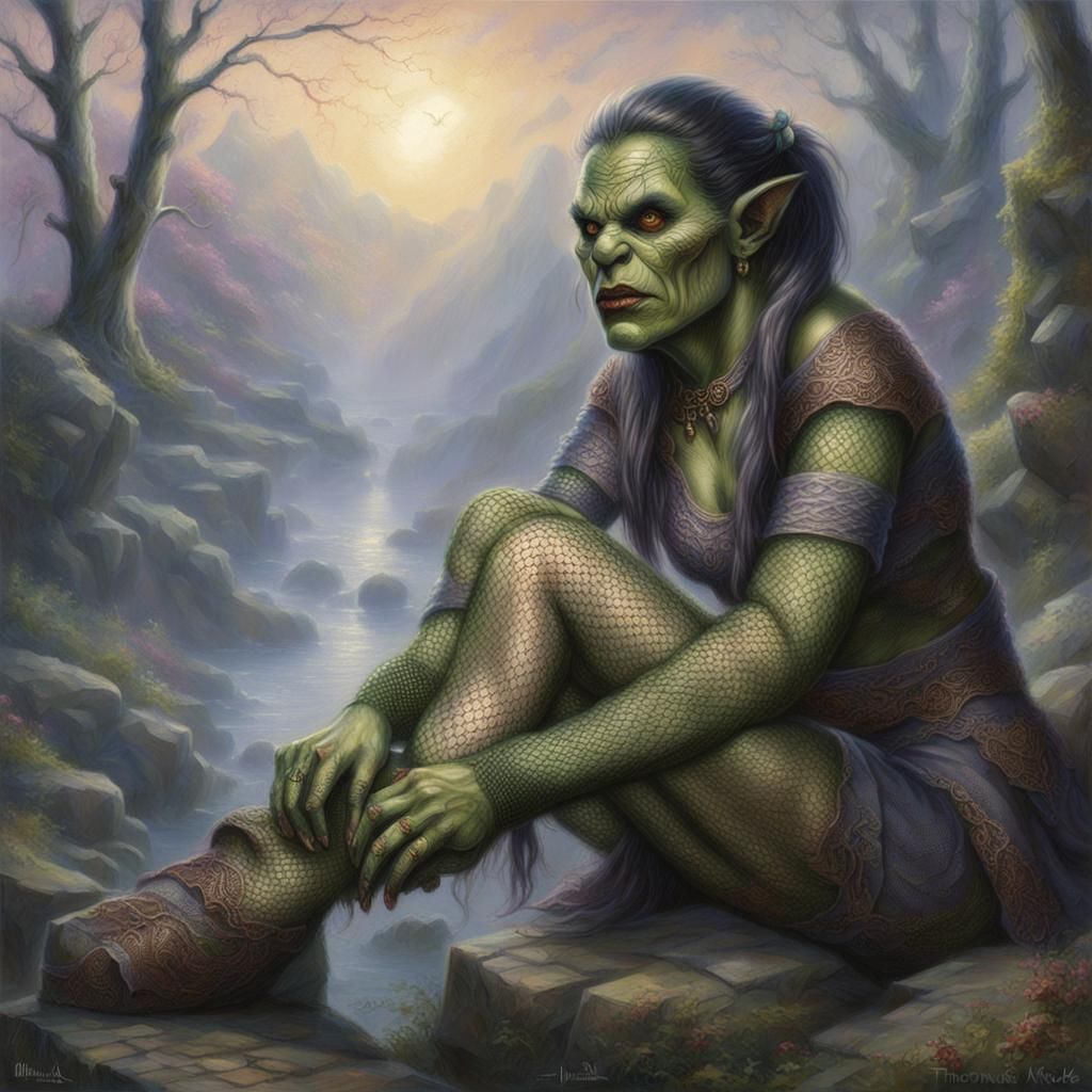 Ethereal Orc in Fishnets, Hyperdetailed Fantasy Art
