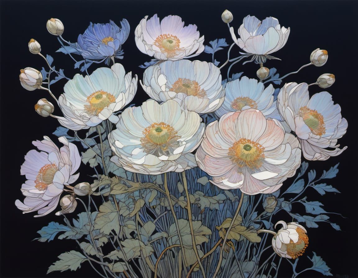 Abstract Wind Anemone Flowers in Pastel Watercolor