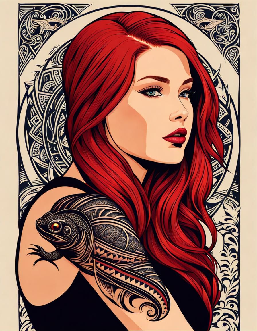 Redhead with Tribal Lizard Tattoo