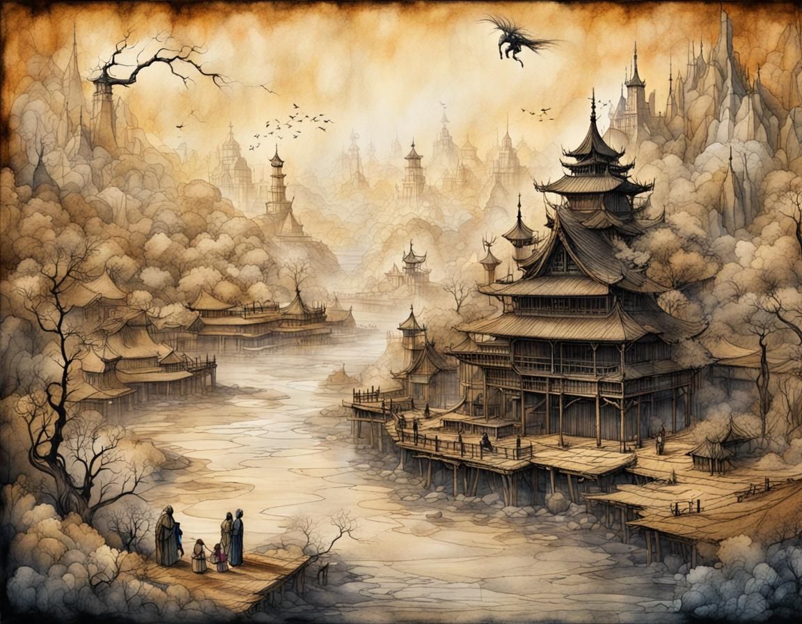 Ancient Art on Papyrus with Watercolor Background