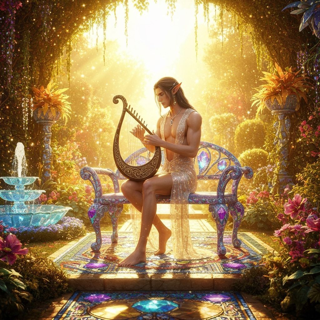 Elf Musician Plays Crystal Harp in Golden Stardust Garden