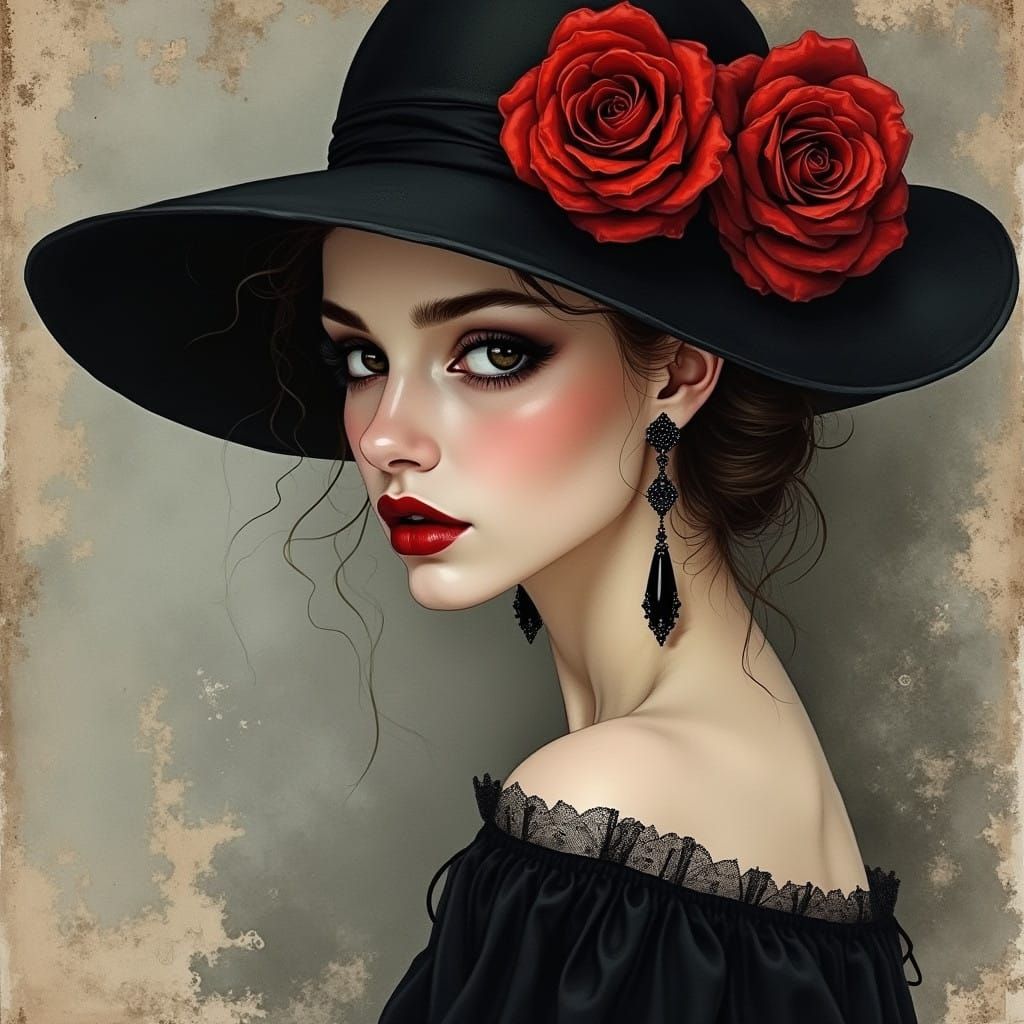 Elegant Gothic Woman in Side Profile, Dark Eyes, Red Lips