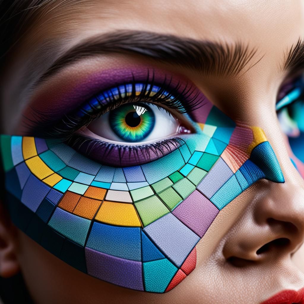 Woman's Face with Geometric Cell Grid Overlay
