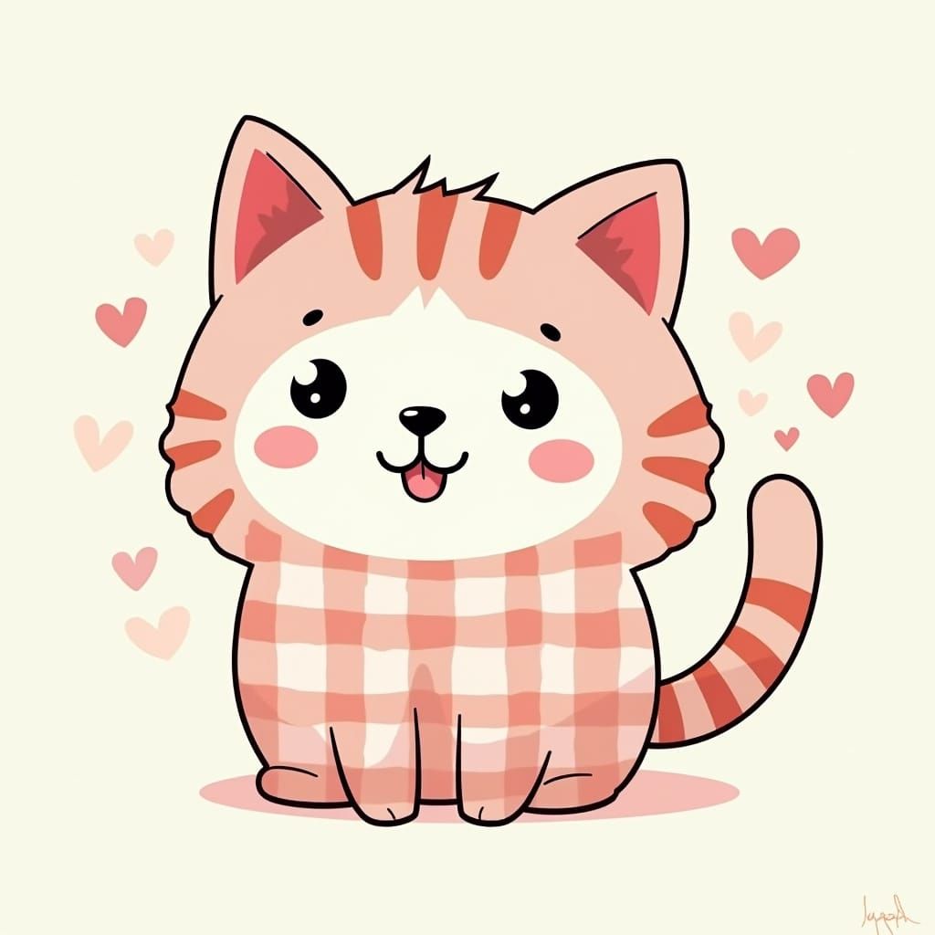 Chibi Pastel Cat in Gingham Delight