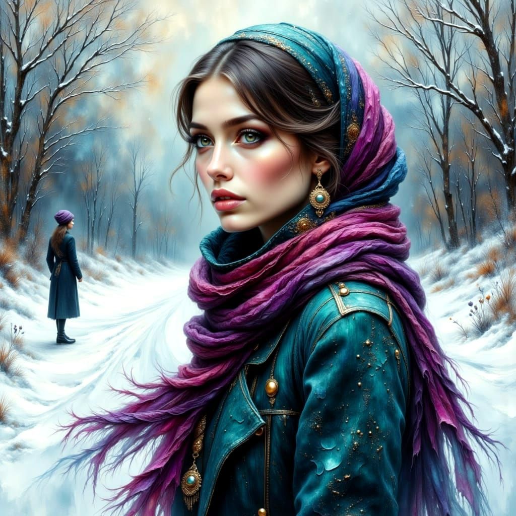 Woman in Snowy Landscape: Impasto Oil Painting