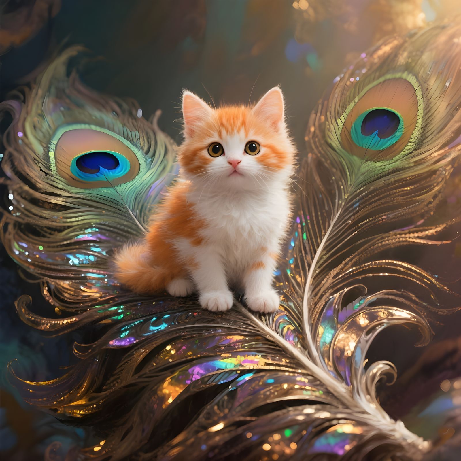 Adorable Kitten on Giant Peacock Feather