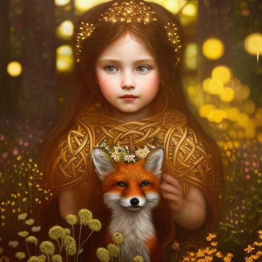 Toddler and Fox Celtic Knot Portrait in Dark Fantasy Style