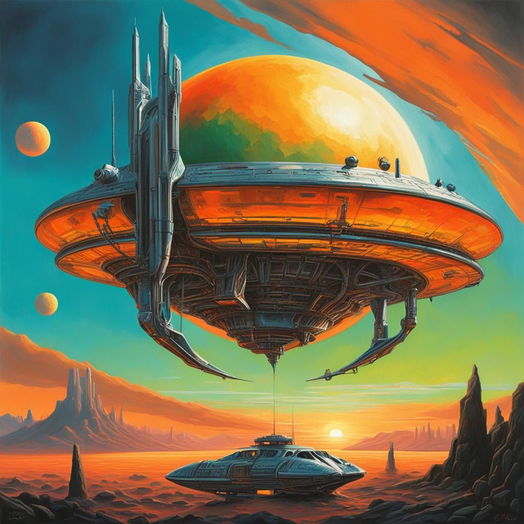 Chrome Spaceship Anchored on Sunset Planet in Retro Sci-Fi