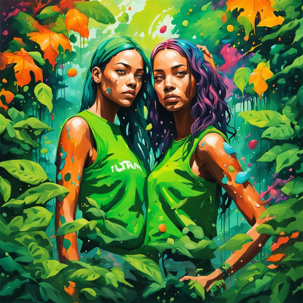 Women in Graffiti Art Garden Scene