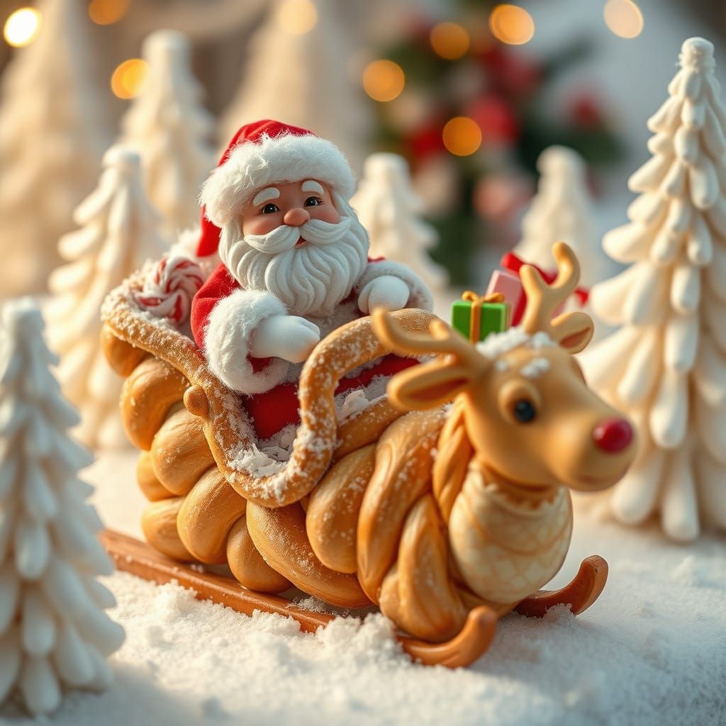 Whimsical Bakery Scene of Tiny Santa Claus Riding a Bread Sl...