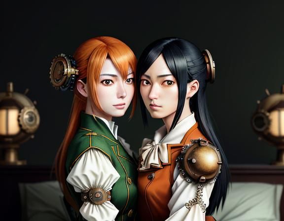 Steampunk Kemono Twins Kiss in Manga Style